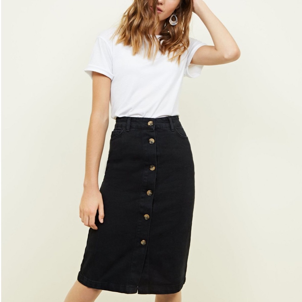 Black Denim Midi Jean Skirt NEW LOOK